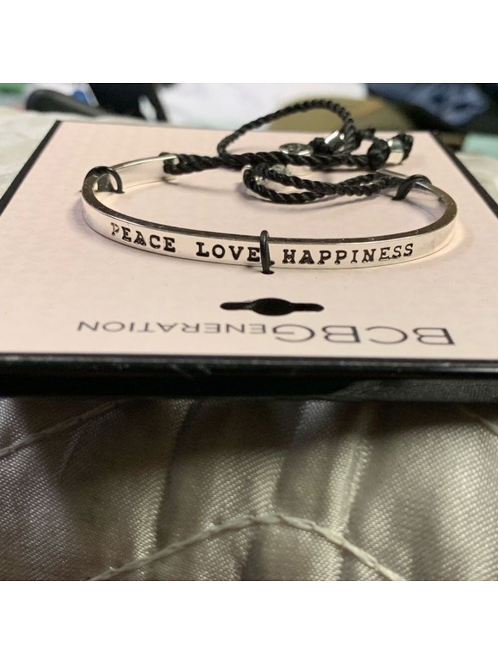 New BCBG Silver Peace Love Happiness Bracelet